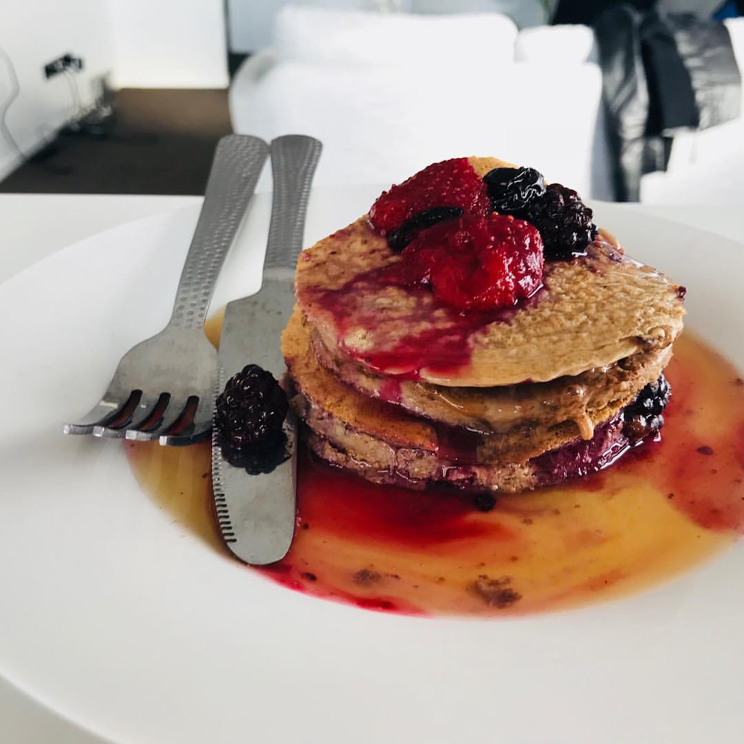 Sasha Bell's (Auckland, NZ) Recipe for Pro You Protein pancakes with raspberries and sugar free maple syrup