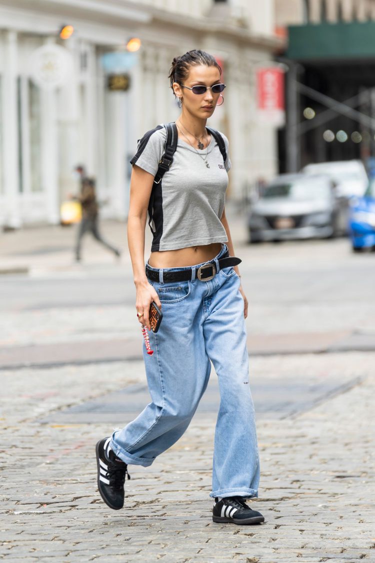 Retro sneaker trends for 2023: adidas samba worn by bella hadid