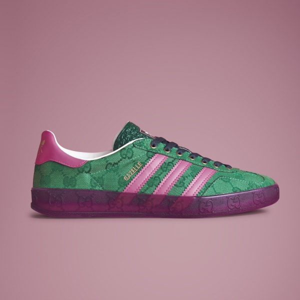 Retro Sneaker trends for 2023: Adidas gazelle x Gucci collaborator in green and pink 